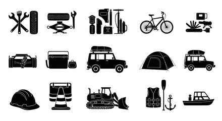 Collection of black silhouette icons for travel outdoor adventure and transportation on white background © Pabitra