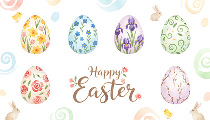 Happy Easter Watercolor Floral Eggs With Bunnies and Chicks on White Background
