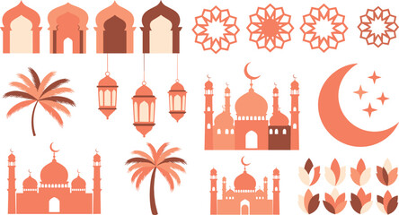 Fototapeta premium Islamic design element set with terracotta mosque silhouettes lanterns palm trees crescent moon and geometric patterns on white background.
