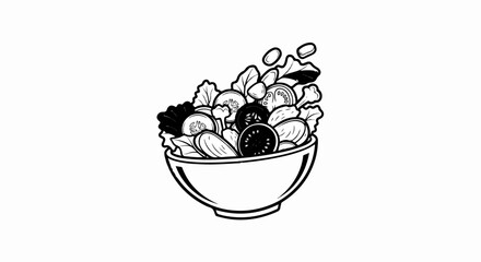 Black and white illustration of a fresh salad in a bowl with splashing droplets