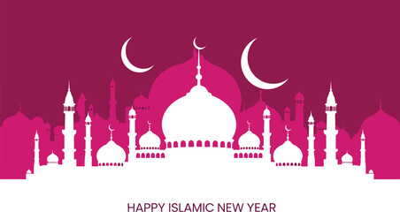 Happy Islamic New Year horizontal banner with white mosque architecture silhouettes and crescent moons on a magenta pink background.