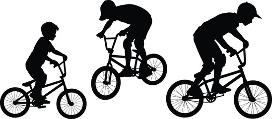 Naklejka premium BMX silhouettes, bicycle stunts, riders jumping, cycling tricks, extreme sport, freestyle biking, dynamic motion, outdoor activity, adventure, performance, energy