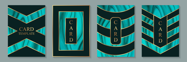 Teal green liquid marble backgrounds with golden geometric elements. Wedding invitations, greeting cards, business templates. © Anna R