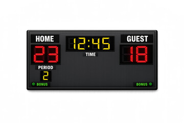 Digital scoreboard showing home team score 23 and guest team score 18 with time 12:45
