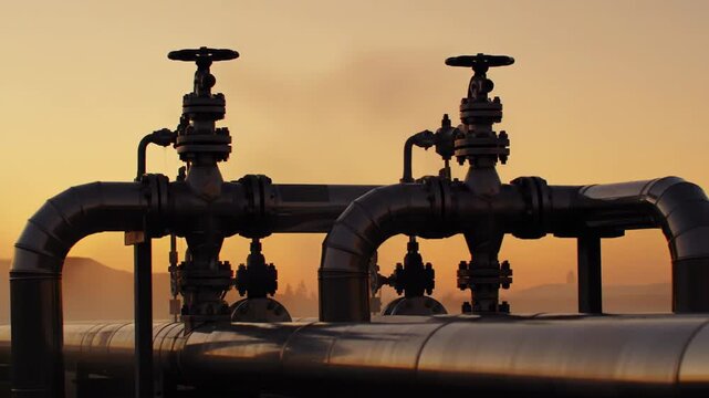 Industrial pipelines with control valves against a dramatic sky