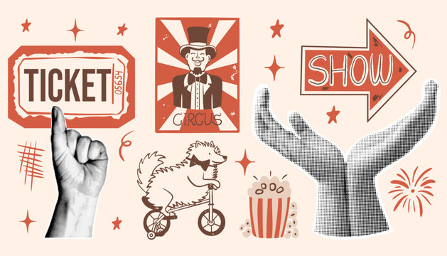 Retro collage style vector collection of vintage halftone hands, performing dog on bicycle and ringmaster poster, popcorn bucket and ticket stub for carnival show. Vector circus design.