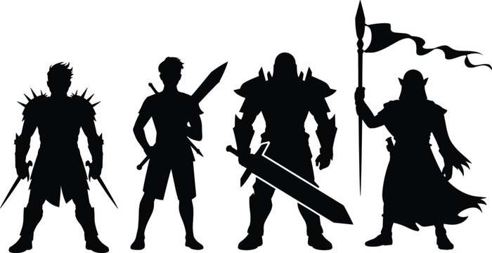 Fantasy warrior silhouettes, rogue assassin, fighter adventurer, knight tank, lancer commander, weapons, armor, cape, banner, role‑playing game design