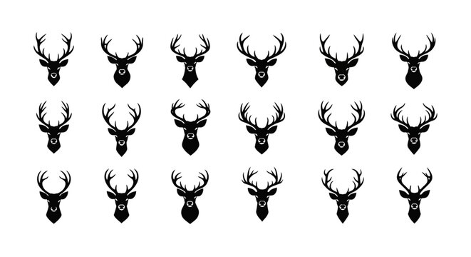Set of black deer head silhouettes with antlers on white background hunting and wildlife icons nature symbols graphic design elements