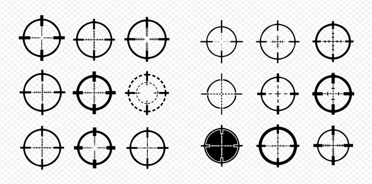 Set of various crosshair icons, target sights, and aiming marks for games and applications.
