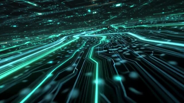 Abstract Digital Circuit Board Flowing Neon Green Data Streams.