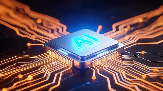 Futuristic AI processor chip with glowing circuit board, blue 'AI' logo on metallic surface, representing artificial intelligence, machine learning, and advanced computing technology.