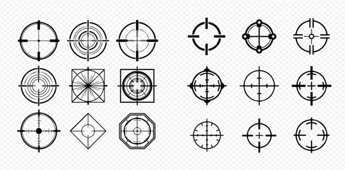 Set of various crosshair icons, aiming targets for games, military, and shooting applications, isolated on transparent background. © Adji