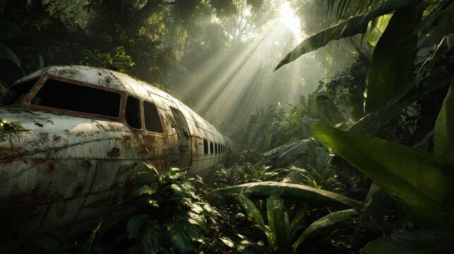 Jetliner hidden in thick jungle foliage with sun rays shining through trees