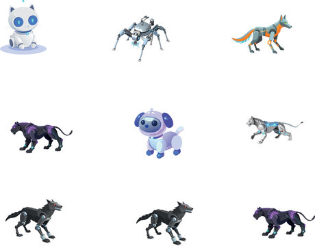 Collection of Robotic Animals Featuring Mechanical Dogs, Cybernetic Panthers, and Tech-Inspired Pets