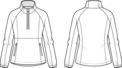 Technical flat fashion sketch of a women's quarter zip raglan jacket with pockets cad drawing flat vector illustration for apparel design © Fozila