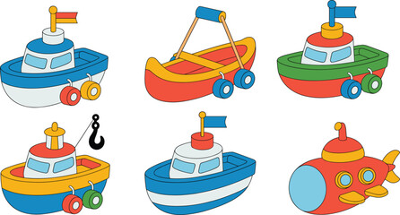 Cute cartoon toy boats and submarine vector set, colorful kids bath toys collection, playful nautical transport illustration, isolated children marine design © Mahadi's World