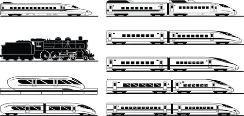 High Speed Train and Steam Locomotive Illustration Set Showing Modern Bullet Trains and Classic Railway Engines Side View Collection © Asik