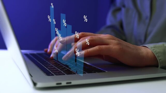 Hands typing on laptop with growing graph showing data percentages in a dark setting.
