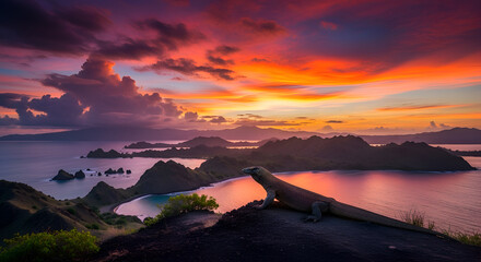 Komodo Dragon Silhouetted Against a Surreal Maximalist Sunset
