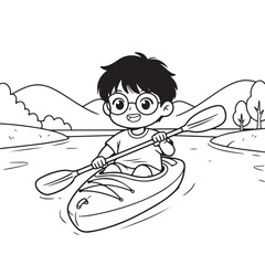 Cute Boy Kayaking on River Kids Outdoor Water Adventure Coloring Page Line Art Illustration