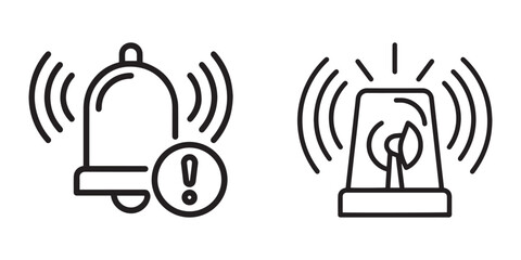 Set of Minimalist Alarm and Notification Icons Featuring a Ringing Bell with Warning Symbol and an Emergency Flashing Siren Light.