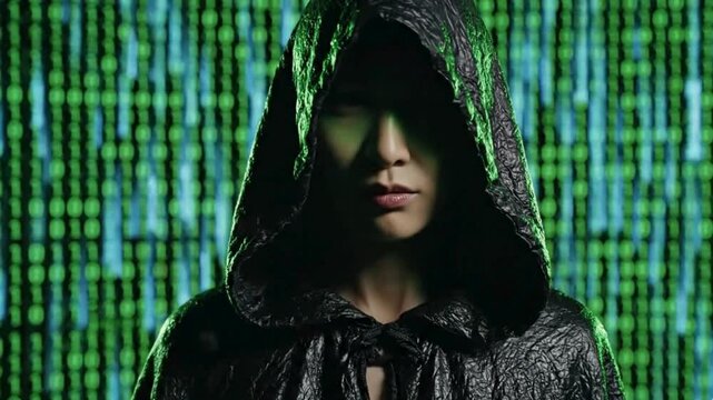 Hacker wearing black hooded cloak stands against green matrix code background animation video footage