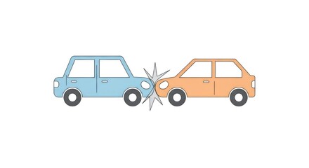 Fototapeta premium Two cartoon cars colliding head on. Car crash concept. Road accident illustration for auto insurance or traffic safety.