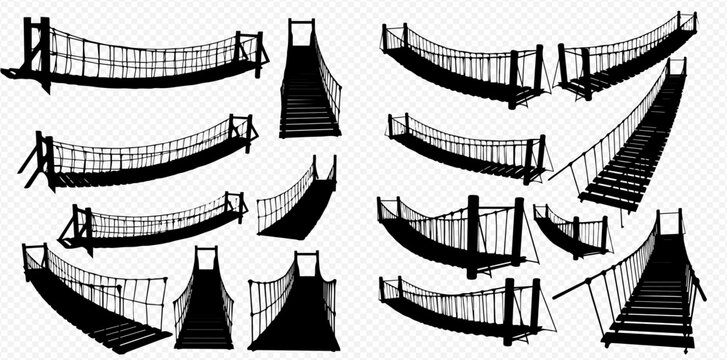 Set of rope bridge silhouettes, various designs and perspectives, isolated on a transparent background, depicting adventure and crossing.
