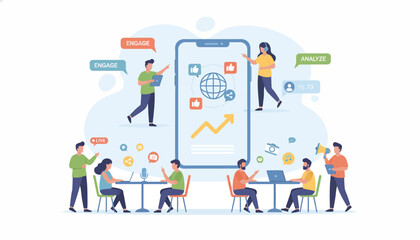 Fototapeta premium Flat vector illustration of a team collaborating around a smartphone displaying growth charts and analytics for digital marketing strategies and online business development