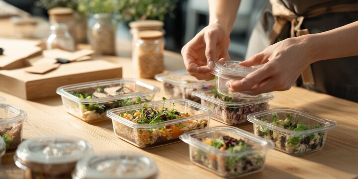 Meal prep takes place in a kitchen with many containers and fresh ingredients on a table