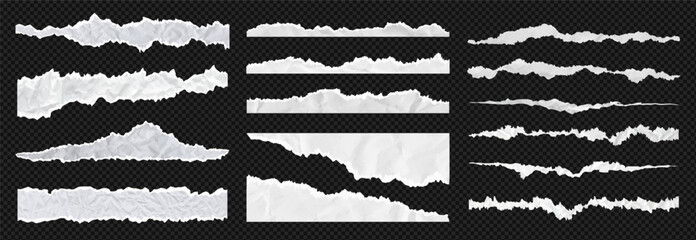 Obraz premium Jagged torn paper rip edge effect on clean white recycled sheet texture. Vector illustration collection of page piece, blank card, tag label, banner divider element, claw cut line. Clipart kit bundle
