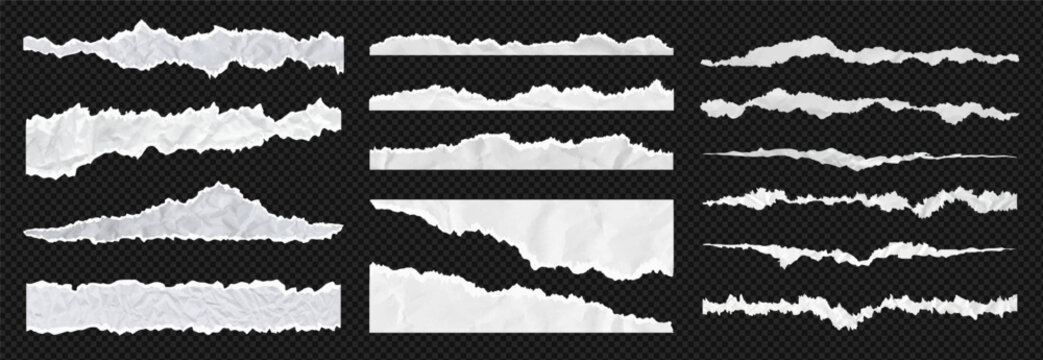 Jagged torn paper rip edge effect on clean white recycled sheet texture. Vector illustration collection of page piece, blank card, tag label, banner divider element, claw cut line. Clipart kit bundle