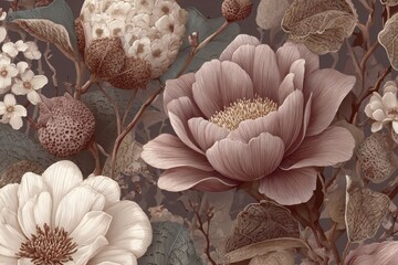 Elegant, romantic seamless pattern with vivid blooming flowers 