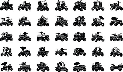 Collection of military vehicles in black silhouette on white background