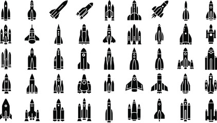 Collection of modern rocket ship icons for space exploration and technology design