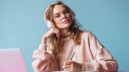 Young woman studies while wearing headphones and looking off to the side in a light blue room