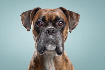 Obraz premium professional studio photograph of a boxer dog, wide shot, half body visible, dog sitting and facing camera
