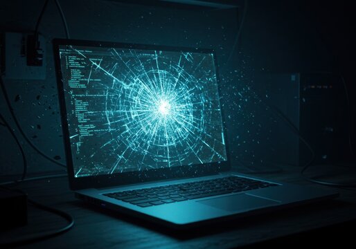 Broken laptop screen with lines of code and shattering effect. Concept of data breach, cyber attack, or digital failure for computer repair and IT security news.