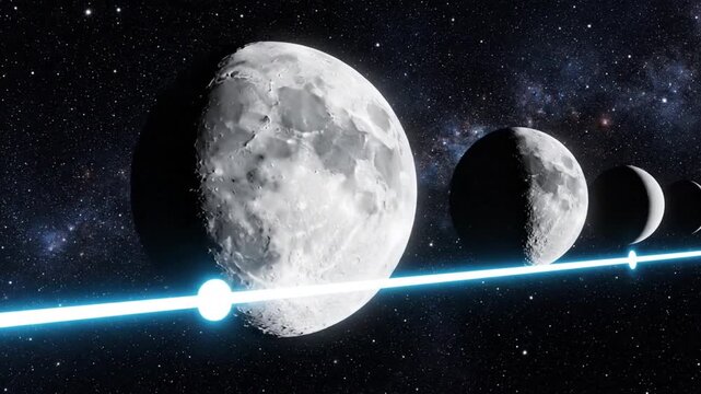 Four phases of the moon aligned in a row with a blue laser beam cutting through space