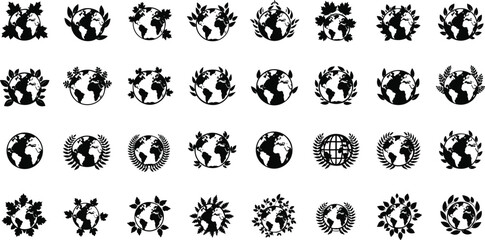 Earth surrounded by leaves and flowers in black silhouette