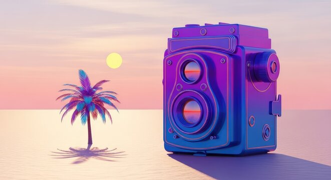 Surreal Vaporwave Beach Scene with Retro Camera and Neon Palm Tree at Sunset