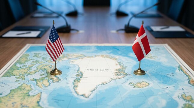 Flags of USA and Denmark on map of Greenland in conference room