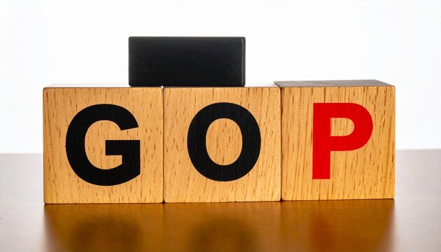 Wooden Alphabet Blocks Spelling "GOP" with a Red Letter P on a Polished Surface