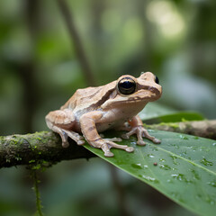 Obraz premium A small frog sitting on a leafy branch in the forest