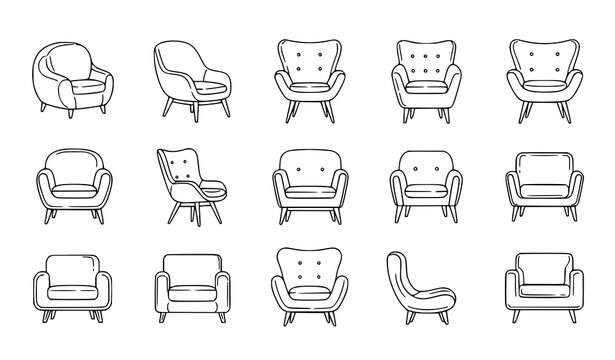 Scandinavian armchair outline icon set with minimal linear soft furniture vector collection