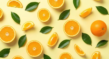 Fresh orange fruit and green leaves flat lay on a vibrant yellow background. Bright citrus slices, halves, and whole oranges creating a natural, healthy food pattern.