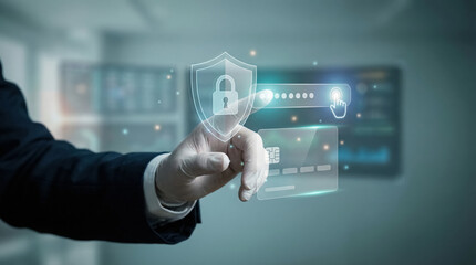 Obraz premium Businessman interacting with holographic security HUD and wearing gloves to avoid leaving fingerprints. Touchless authentication, credit card and password entry, cybersecurity concept. 