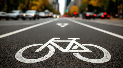 White bicycle symbol on an asphalt city road with blurred traffic in the background