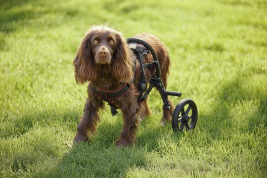 Sussex Spaniel dog, full body visible, dog walking slowly on a green grass lawn, using a veterinary rear support mobility cart, two rear wheels only