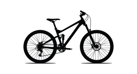 A stark black silhouette of a modern mountain bike stands prominently against a plain white background silhouette high quality professional detailed © CreativeAkash099